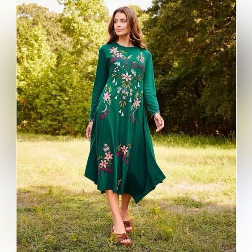 Johnny Was Amarylla Handkerchief Knit Midi Dress in green cotton with floral emb